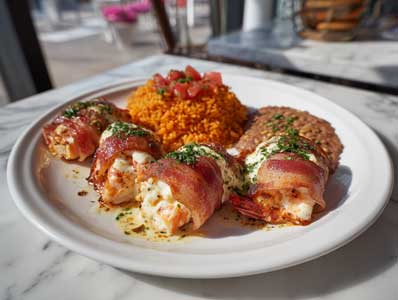 Costa Azul Shrimp wraps Mexican shrimp in crispy bacon and cheese, served on a white plate with a side of rice and refried beans at Agave y Sal in North Las Vegas.
